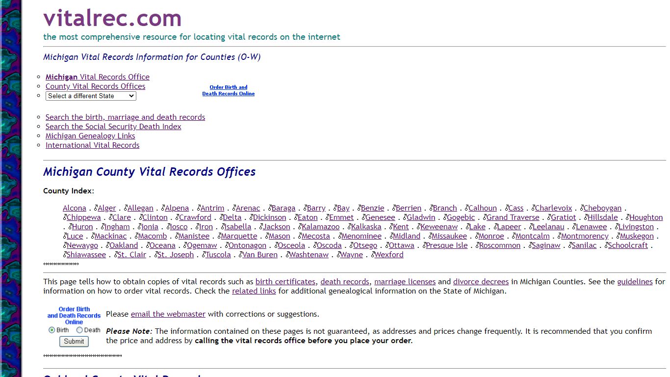 Michigan Counties Birth Certificate, Death ... - Vital Records